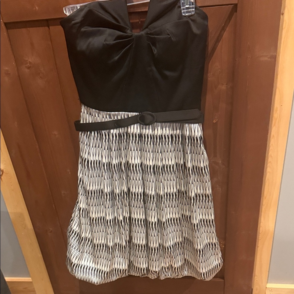 Maggy London Black Strapless Dress with Monochrome Patterned Skirt